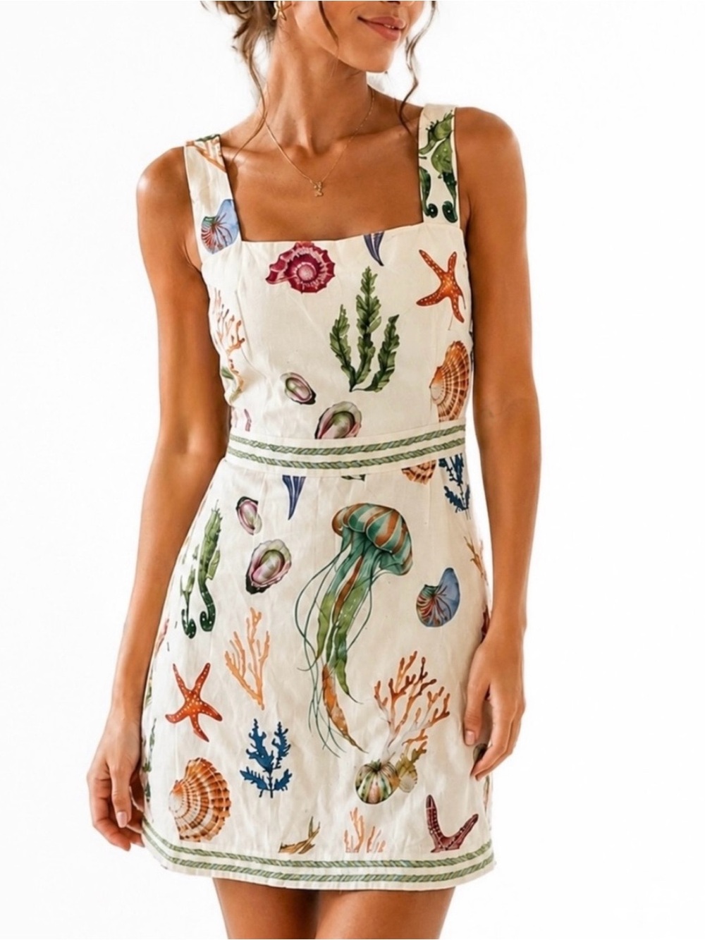 CAROLINE CONSTAS - NWT - Linen Blend Cream Seashell Sundress with Green Trim